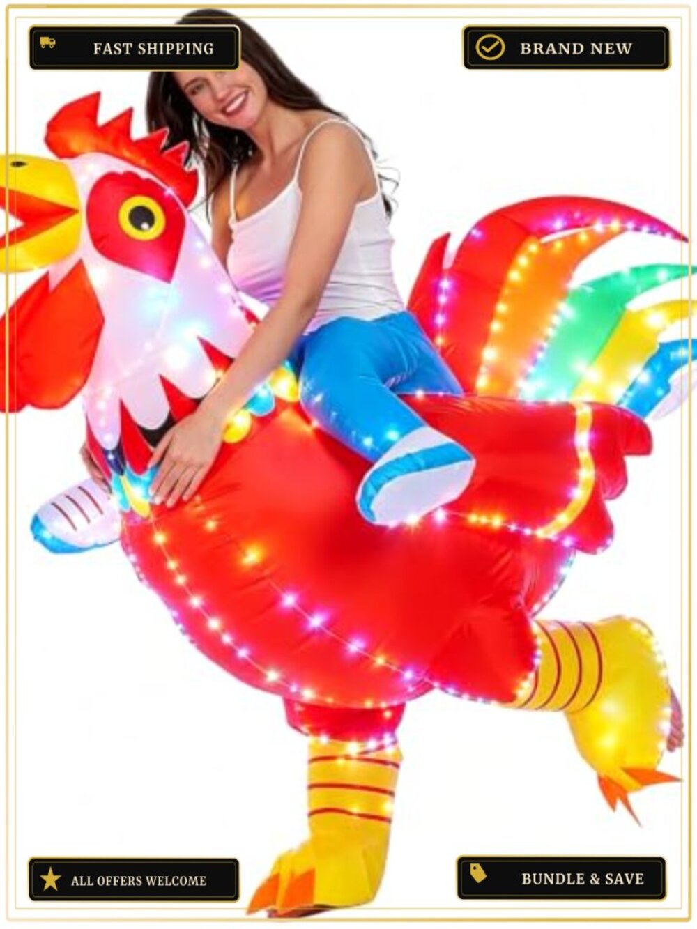 LED Inflatable Rooster Costume Adult Ride On Blow Up Fancy Dress